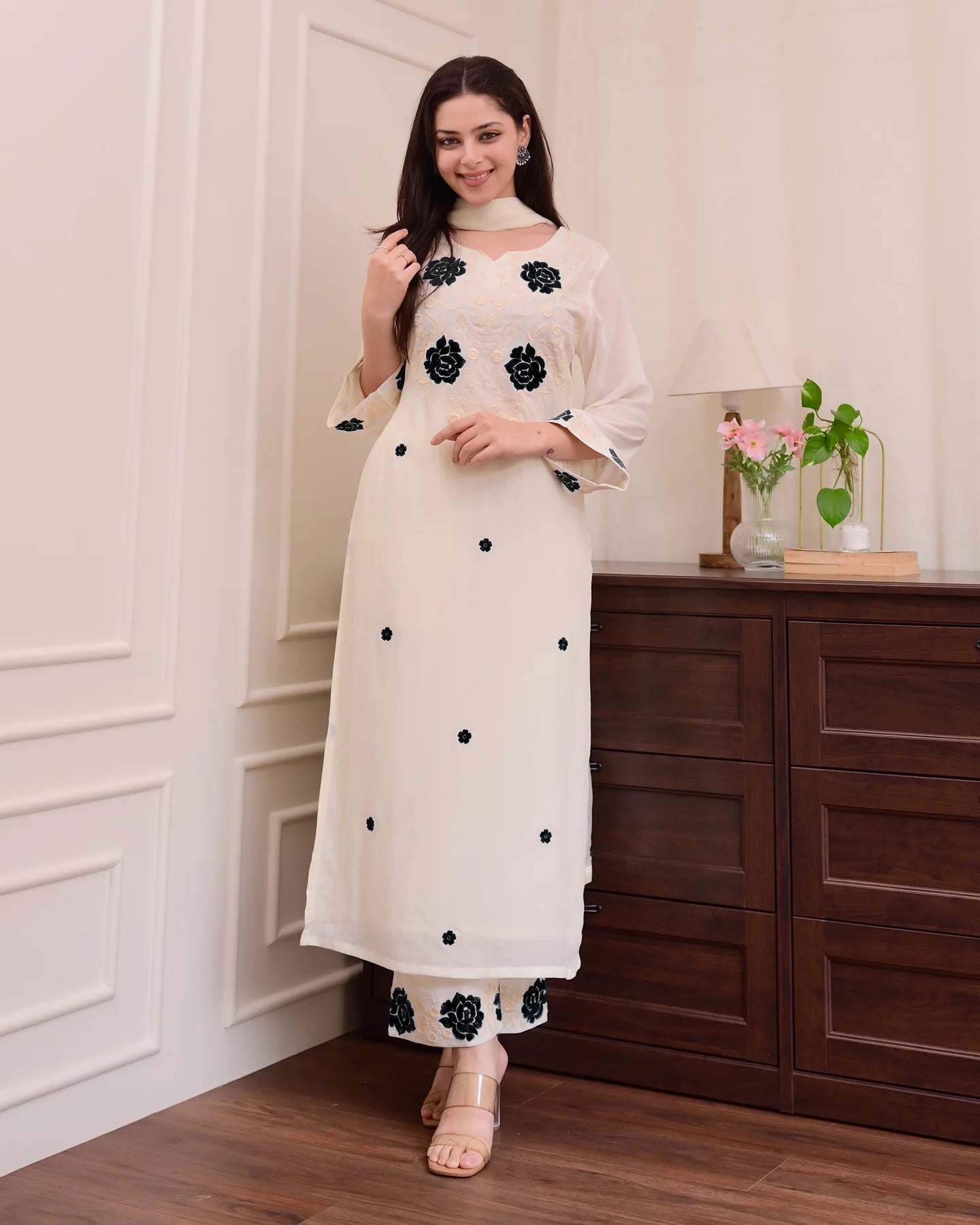 Cream Embroidered Kurta Set with Dupatta & Palazzo Pants