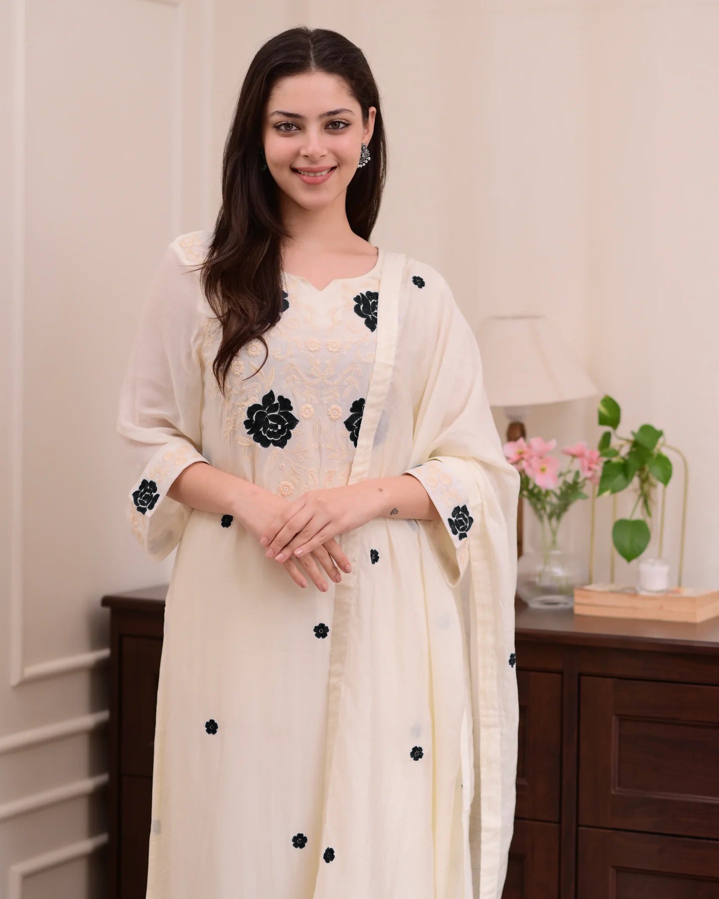 Cream Embroidered Kurta Set with Dupatta & Palazzo Pants