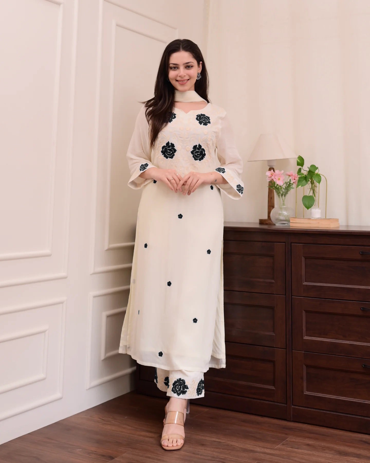 Cream Embroidered Kurta Set with Dupatta & Palazzo Pants
