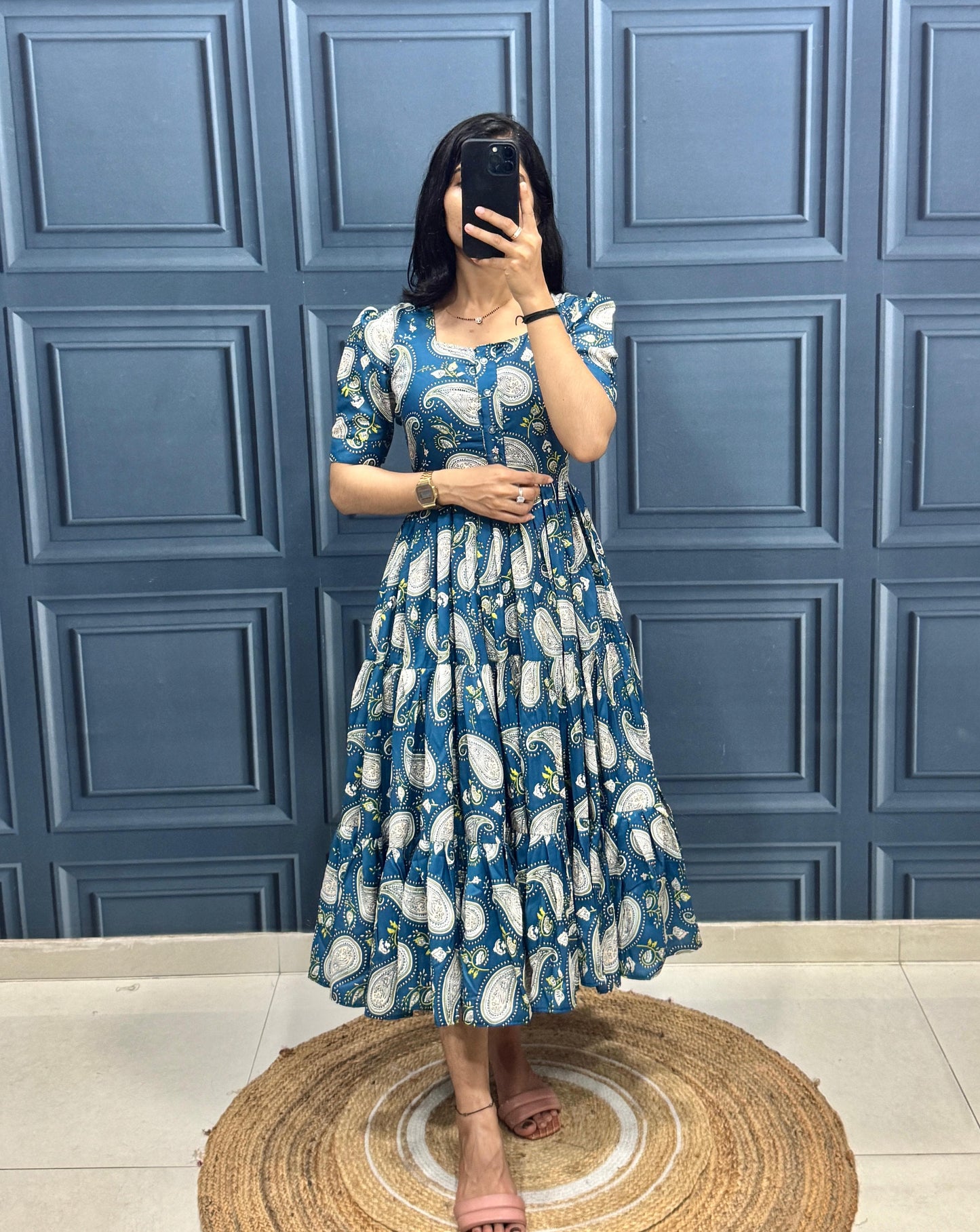 Blue Paisley Print Tiered Midi Dress