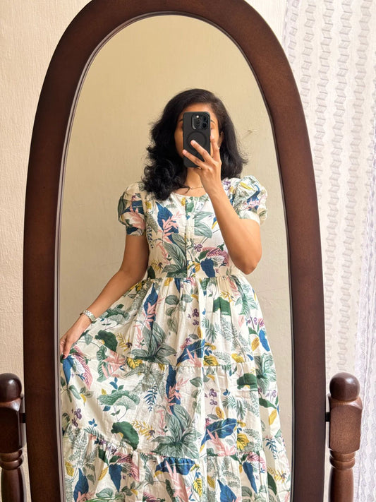 Ivory Tropical Leaf Print Puff Sleeve Maxi Dress