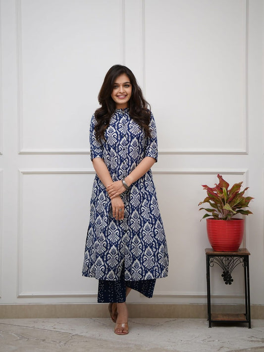 Navy Blue Ikat Print Button-Down Kurta Set