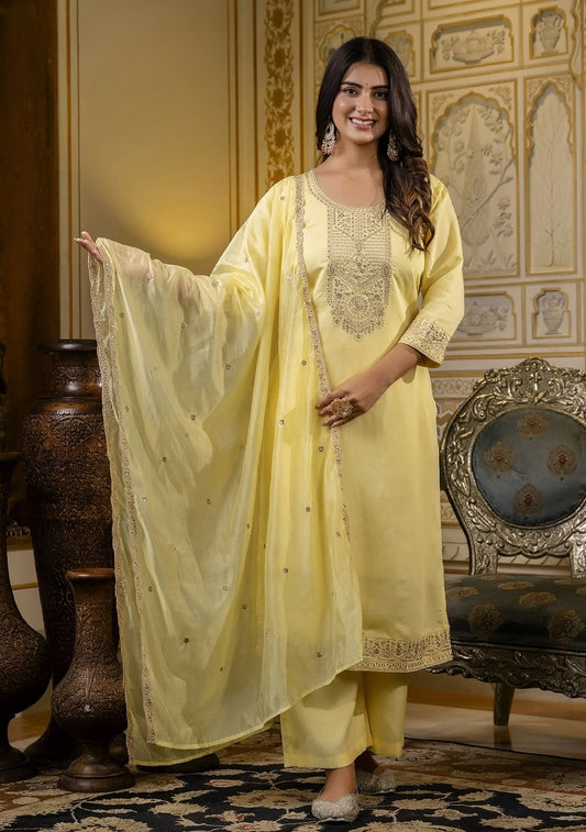Pastel Yellow Embroidered Straight Kurta Set with Dupatta