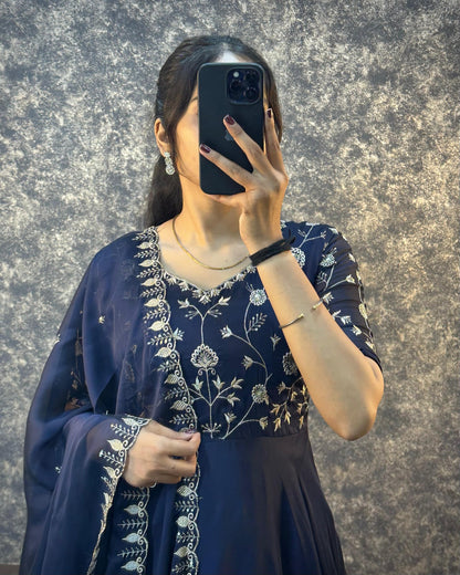 Midnight Blue Embroidered Anarkali with Dupatta