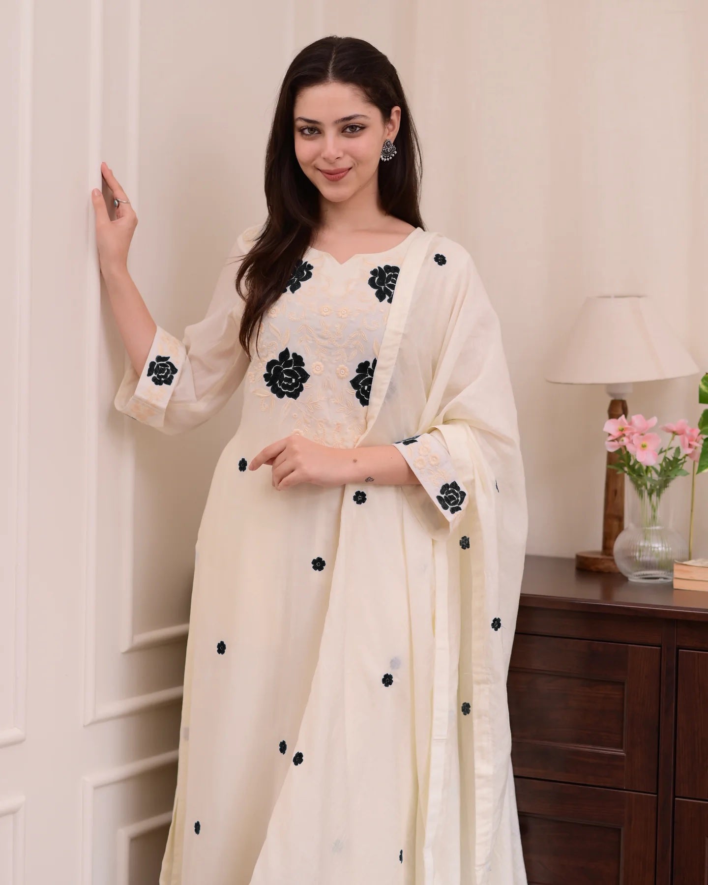 Cream Embroidered Kurta Set with Dupatta & Palazzo Pants