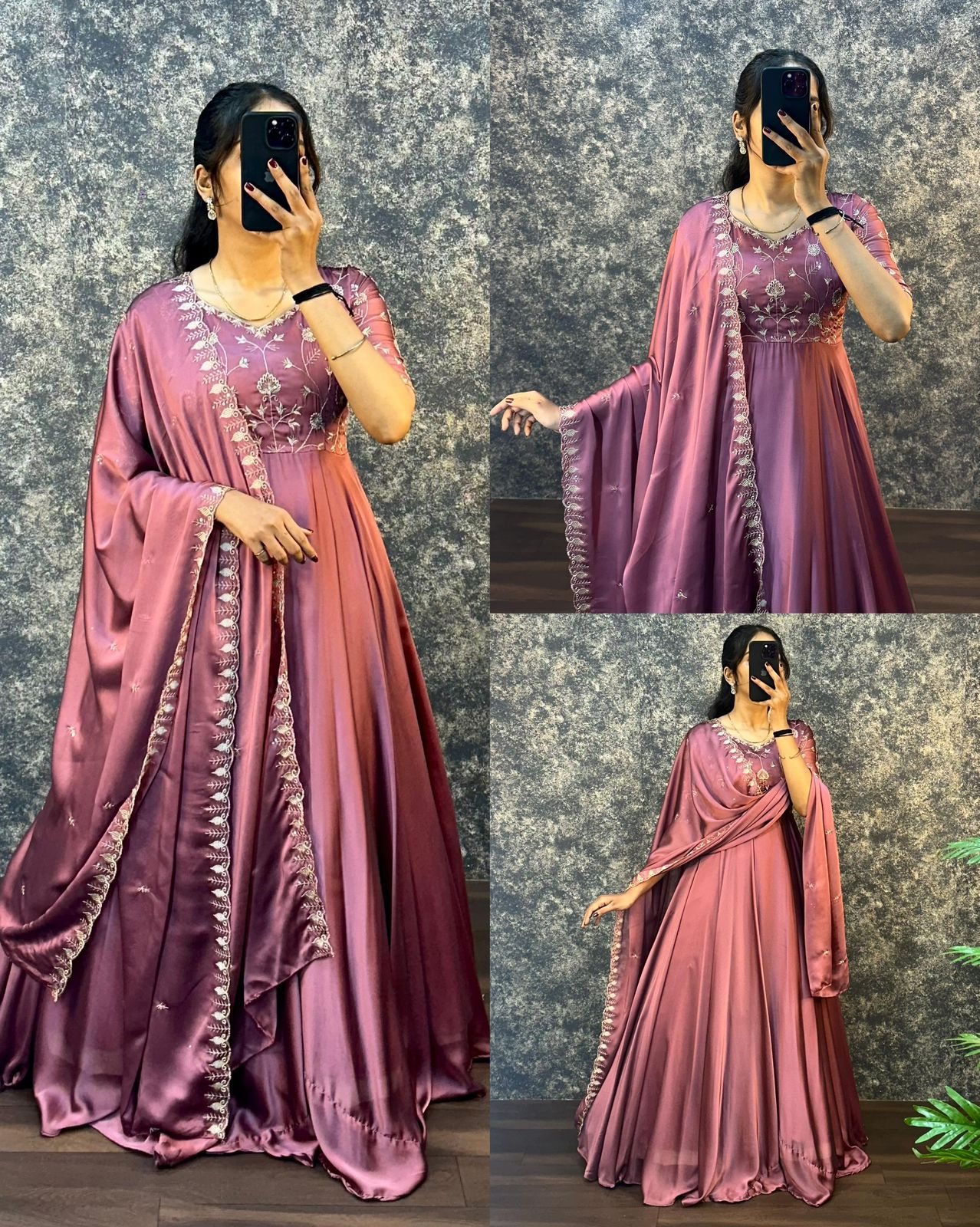 Wine Silk Embroidered Anarkali with Dupatta