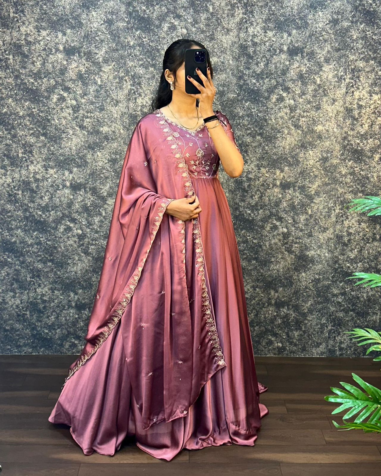 Wine Silk Embroidered Anarkali with Dupatta
