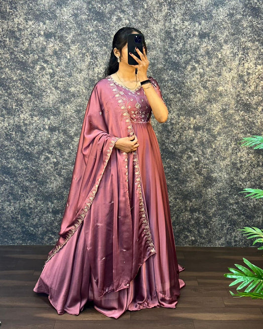 Wine Silk Embroidered Anarkali with Dupatta