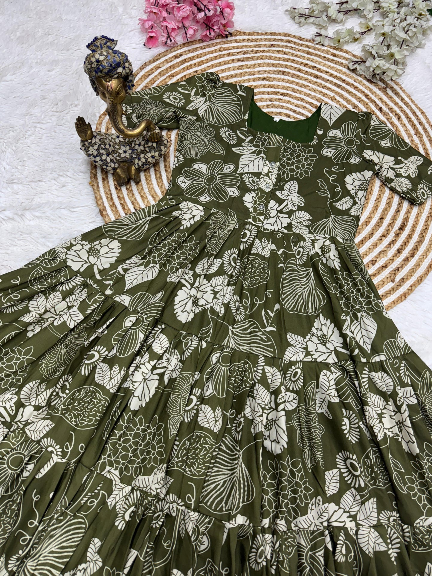 Olive Green Floral Print Tiered Maxi Dress