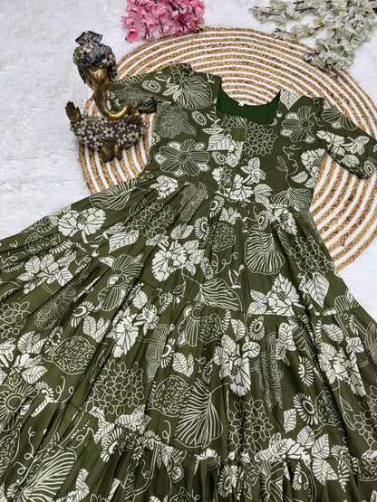 Olive Green Floral Print Tiered Maxi Dress