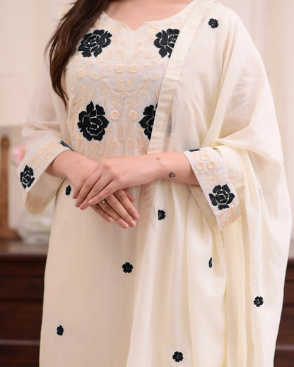 Cream Embroidered Kurta Set with Dupatta & Palazzo Pants