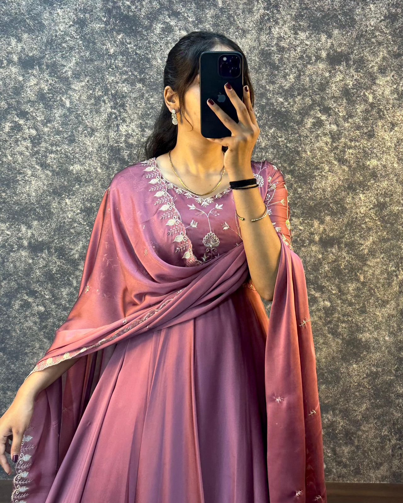 Wine Silk Embroidered Anarkali with Dupatta
