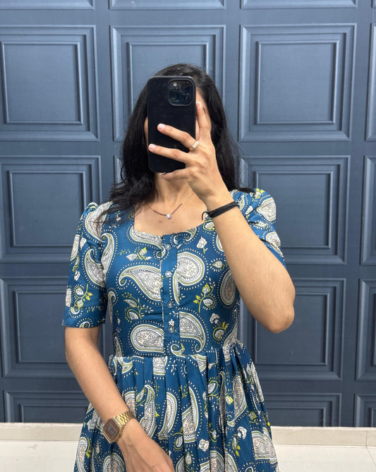 Blue Paisley Print Tiered Midi Dress