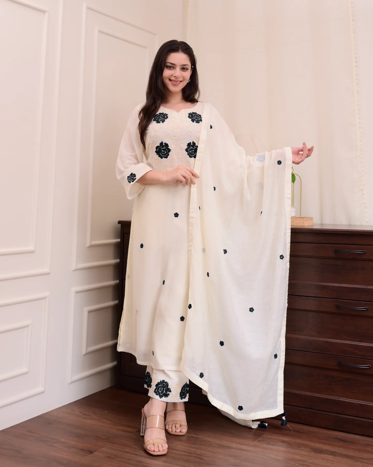 Cream Embroidered Kurta Set with Dupatta & Palazzo Pants