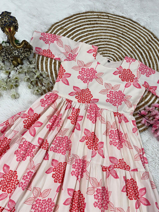 Pink Floral Printed Tiered Midi Dress