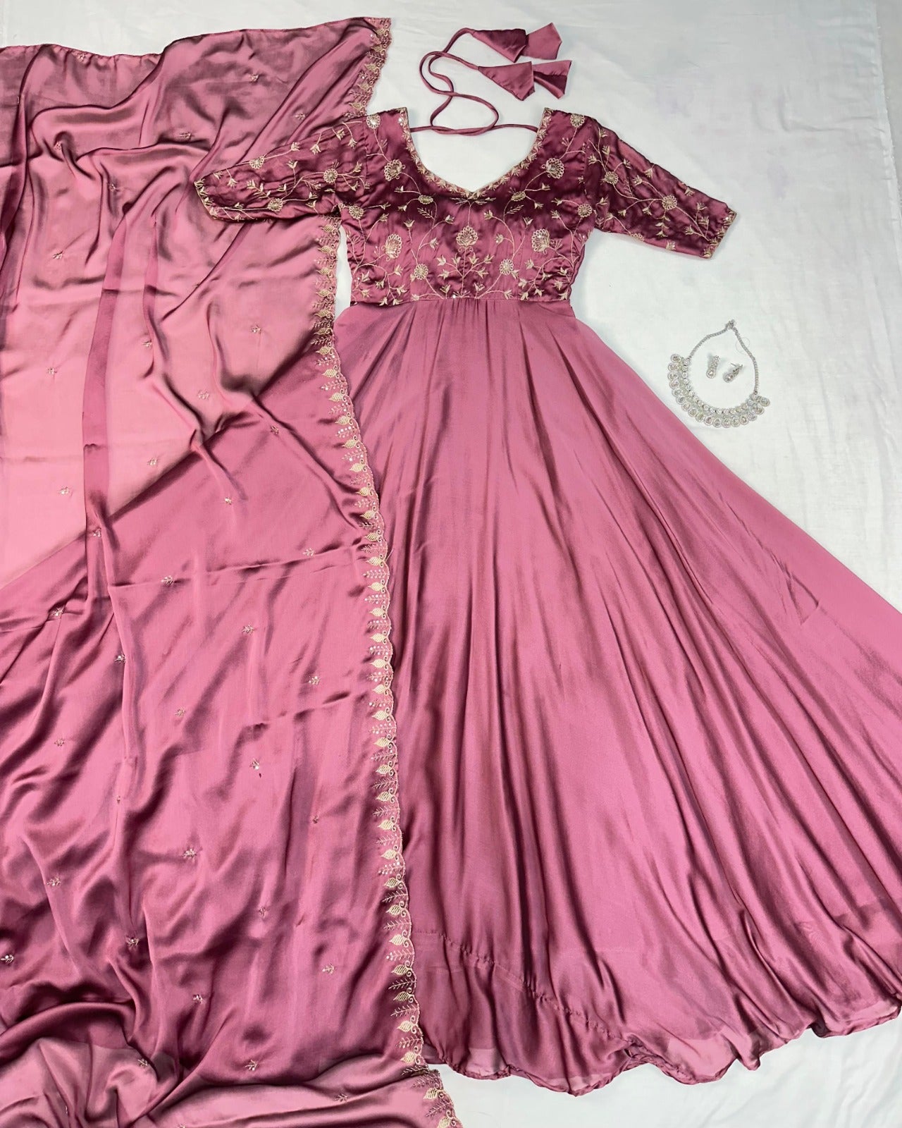 Wine Silk Embroidered Anarkali with Dupatta