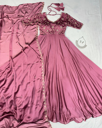 Wine Silk Embroidered Anarkali with Dupatta
