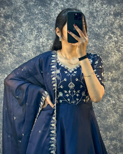Midnight Blue Embroidered Anarkali with Dupatta