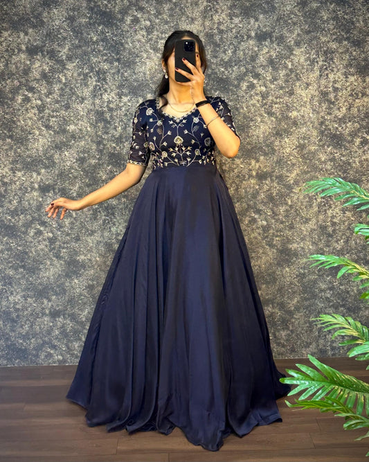 Midnight Blue Embroidered Anarkali with Dupatta