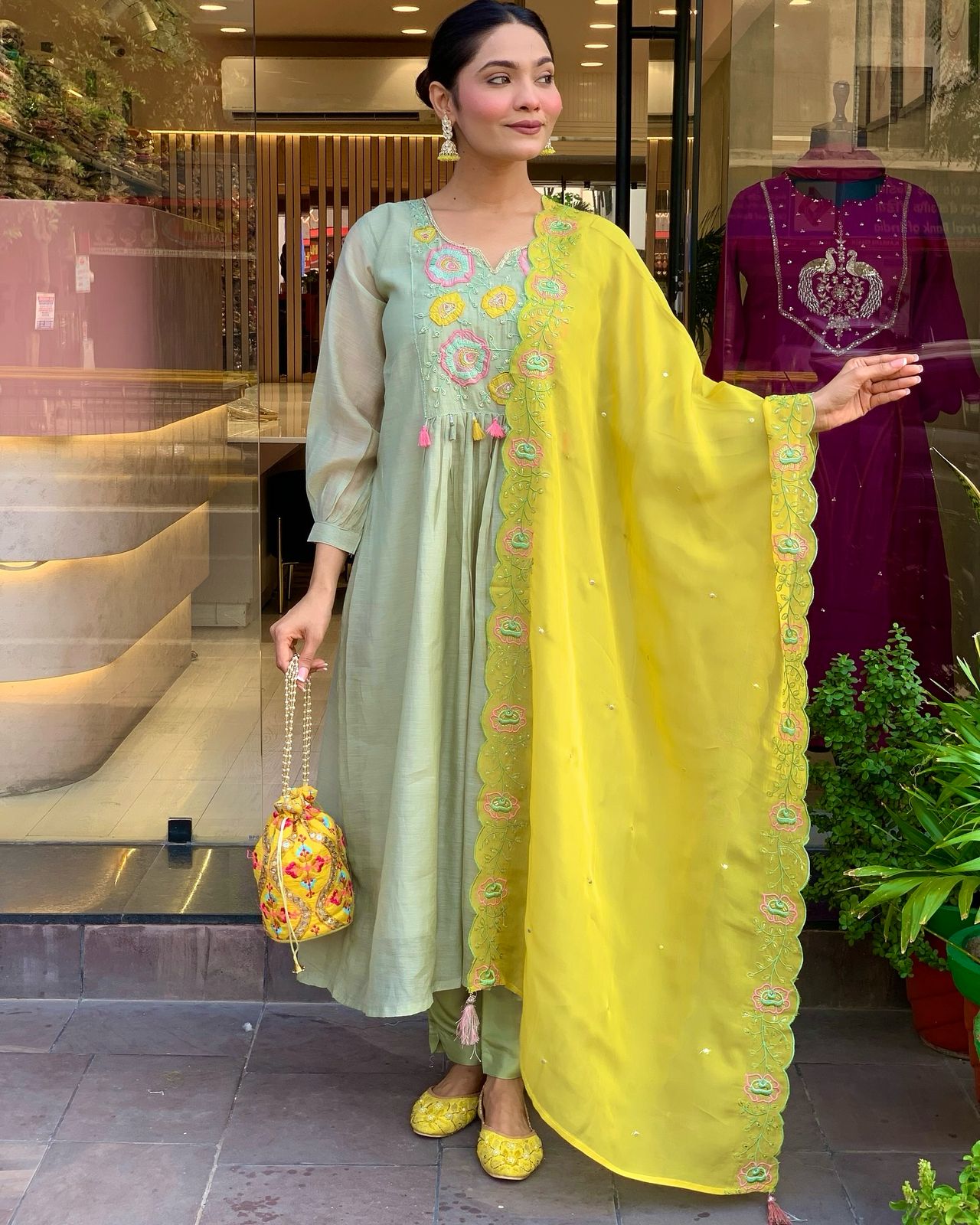 Pastel Green Embroidered Kurta Set with Yellow Dupatta