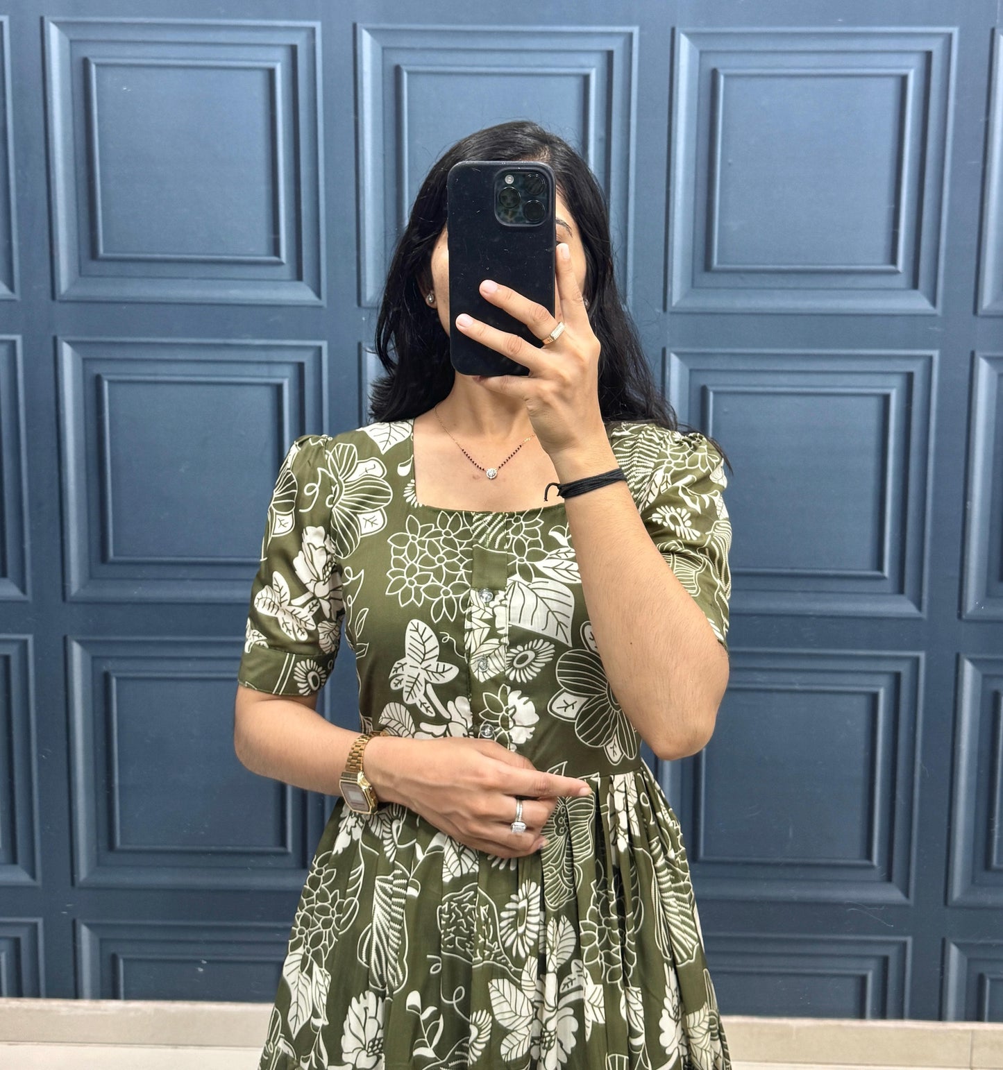 Olive Green Floral Print Tiered Maxi Dress