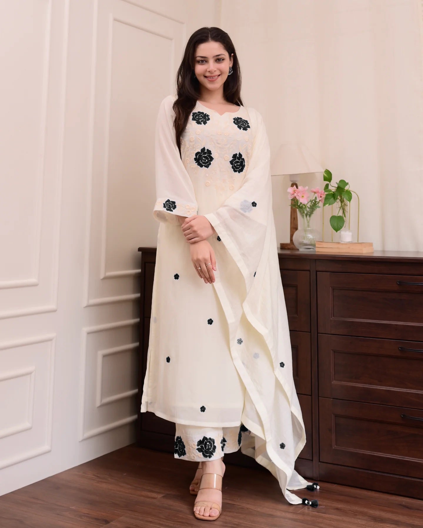 Cream Embroidered Kurta Set with Dupatta & Palazzo Pants