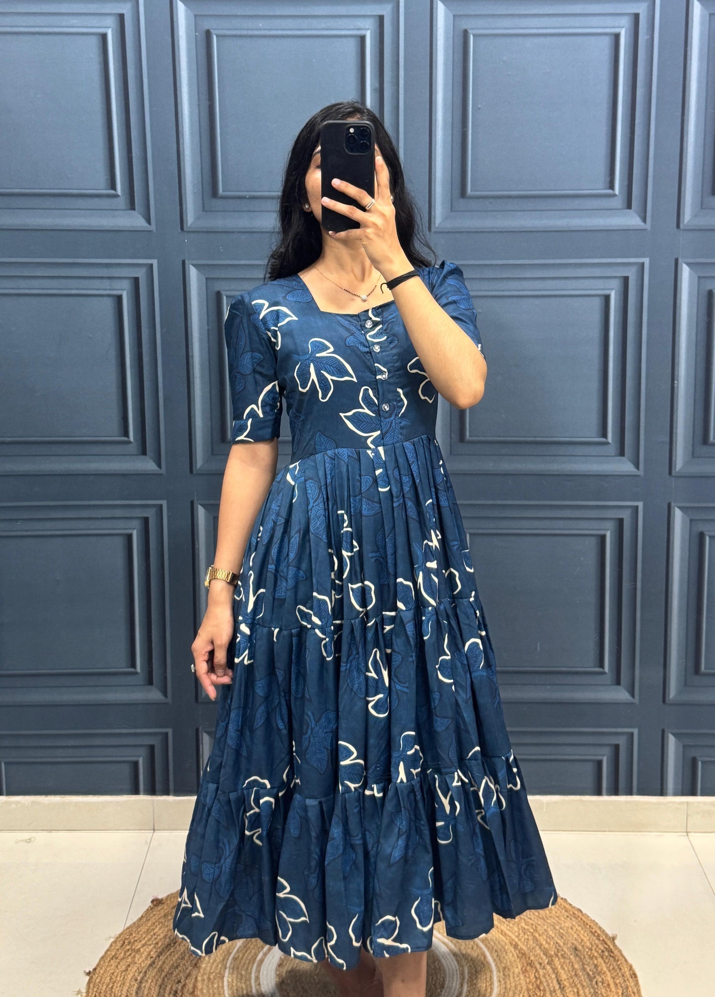 Navy Blue Floral Print Tiered Midi Dress