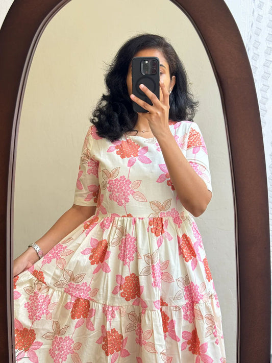 Ivory Floral Print Fit & Flare Midi Dress