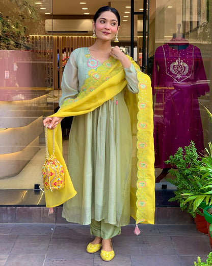 Pastel Green Embroidered Kurta Set with Yellow Dupatta