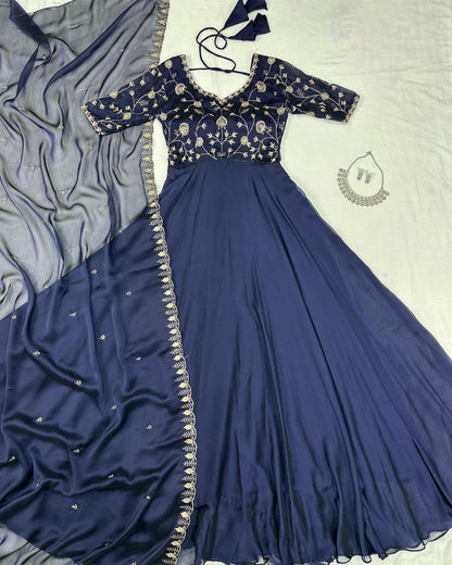 Midnight Blue Embroidered Anarkali with Dupatta
