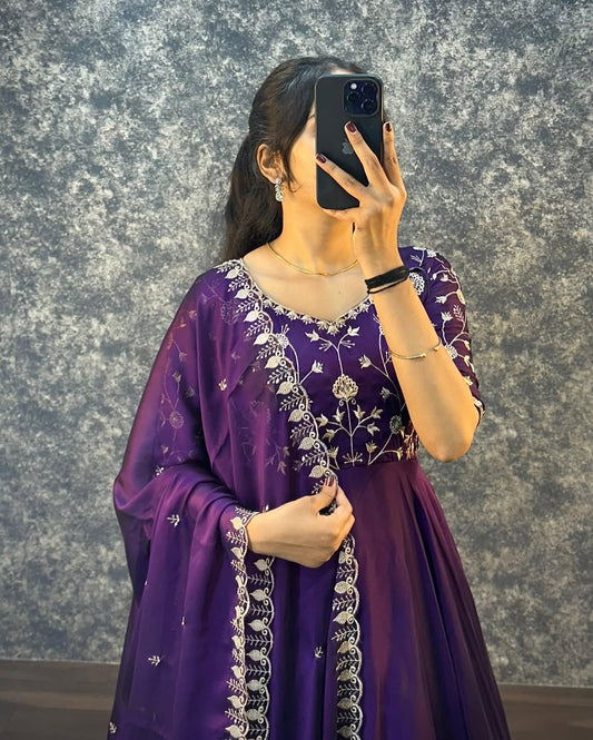 Royal Purple Embroidered Anarkali with Dupatta