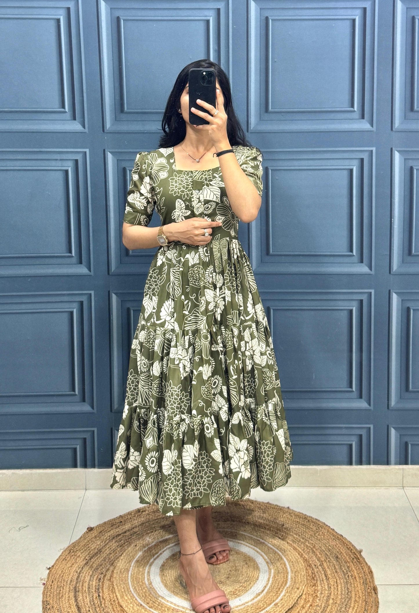 Olive Green Floral Print Tiered Maxi Dress