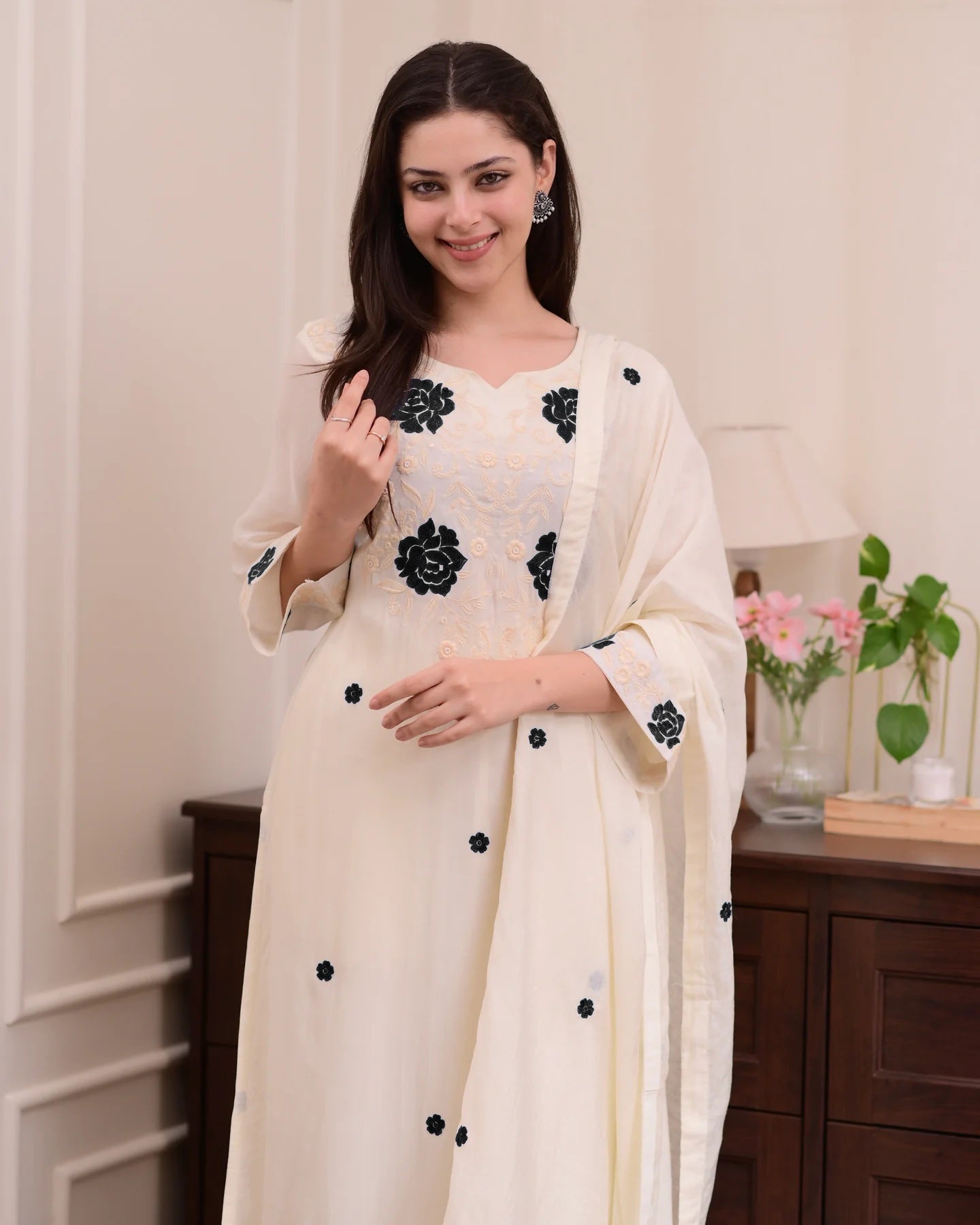 Cream Embroidered Kurta Set with Dupatta & Palazzo Pants