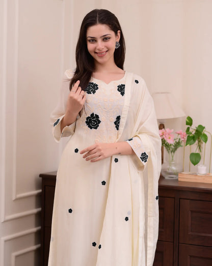 Cream Embroidered Kurta Set with Dupatta & Palazzo Pants