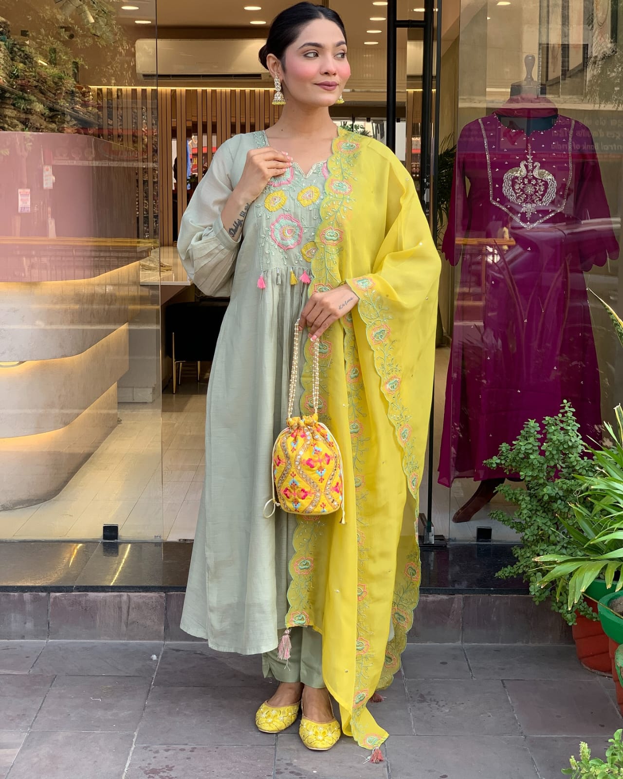 Pastel Green Embroidered Kurta Set with Yellow Dupatta