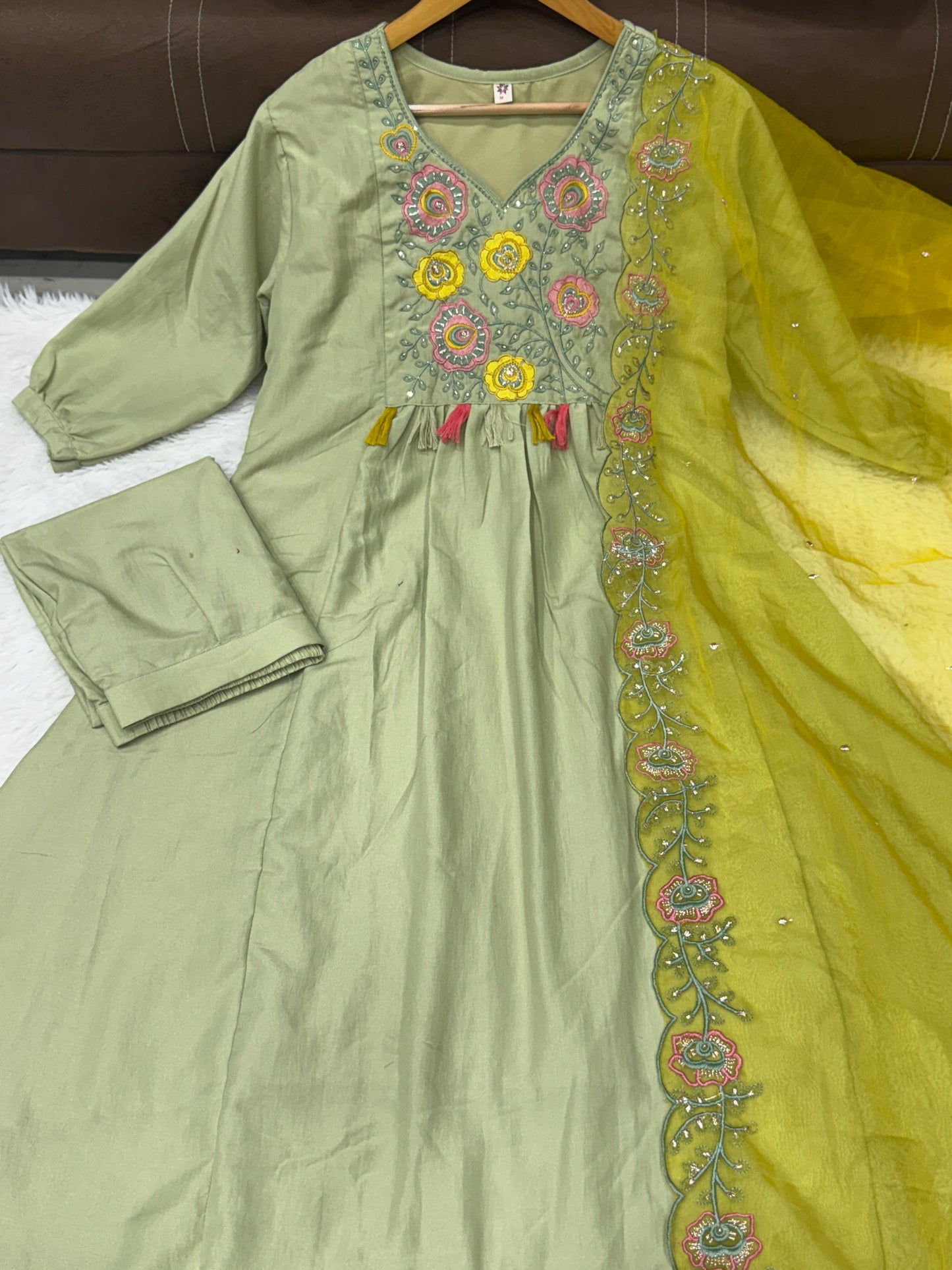 Pastel Green Embroidered Kurta Set with Yellow Dupatta