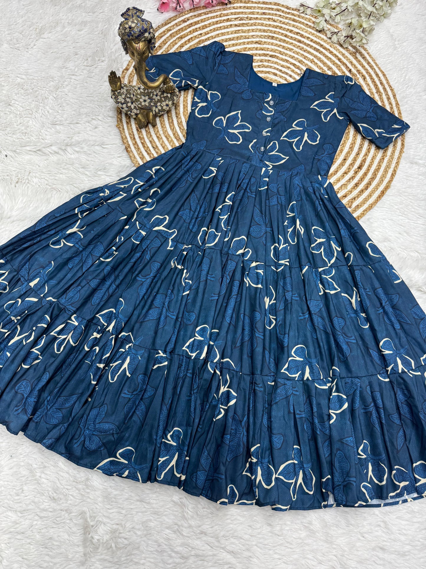 Navy Blue Floral Print Tiered Midi Dress
