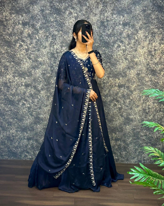 Midnight Blue Embroidered Anarkali with Dupatta
