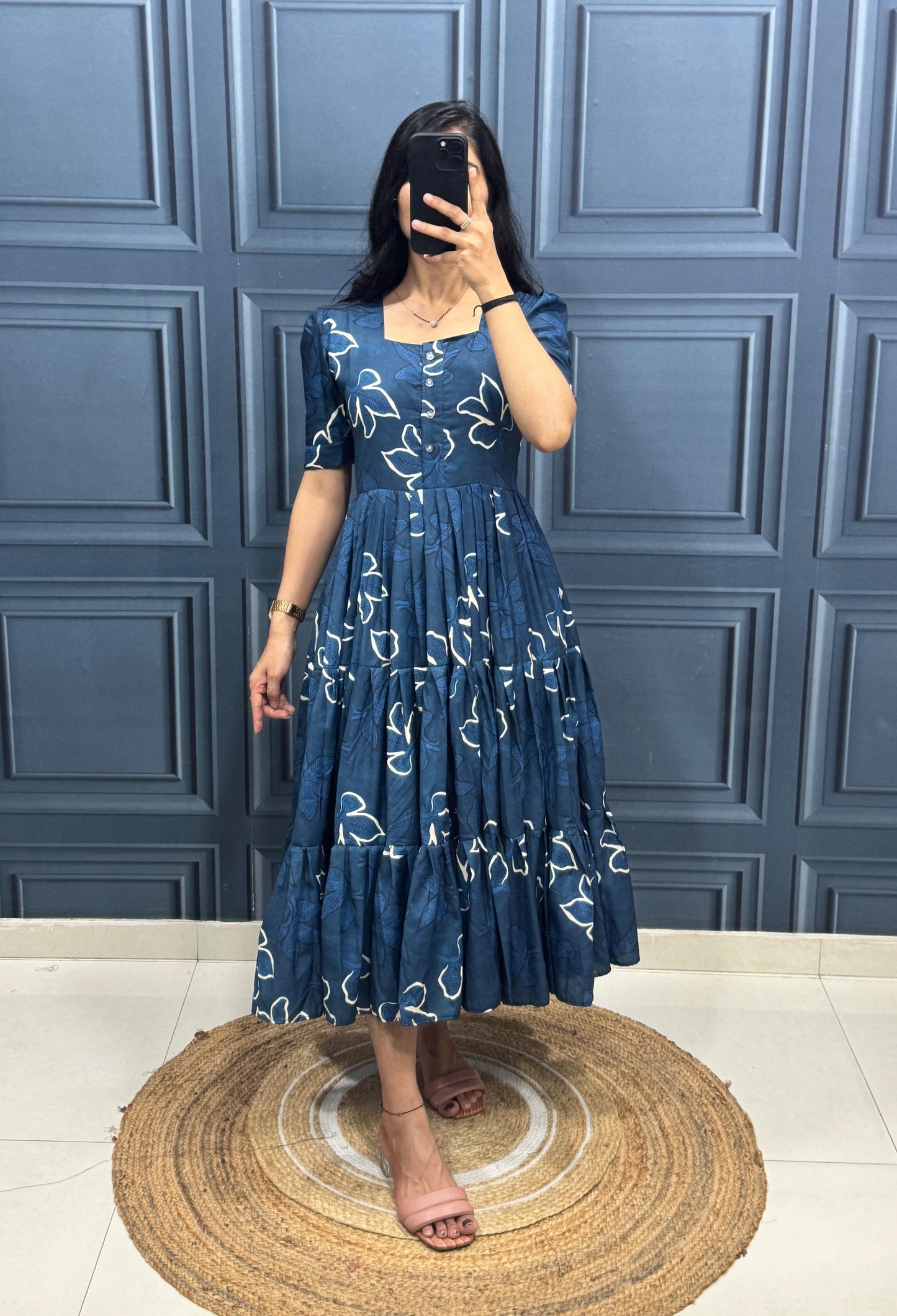 Navy Blue Floral Print Tiered Midi Dress