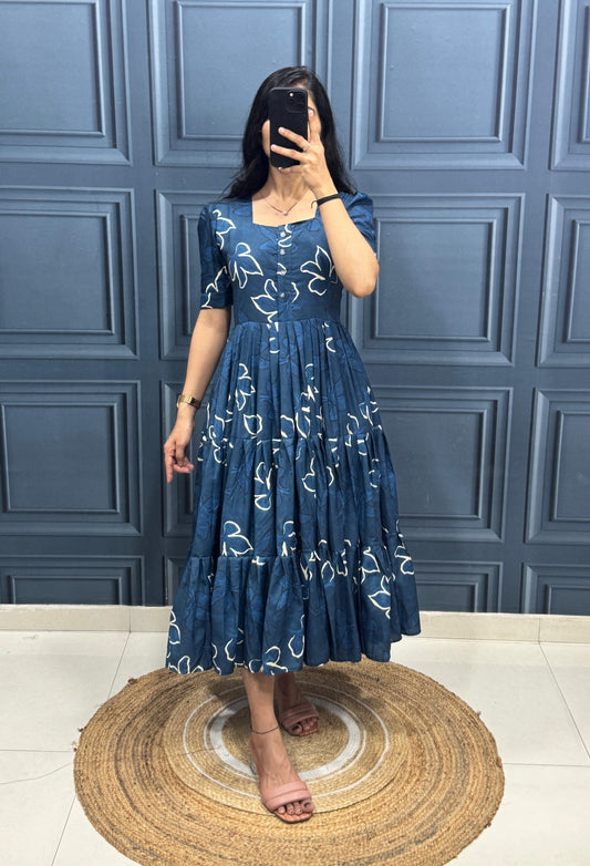 Navy Blue Floral Print Tiered Midi Dress