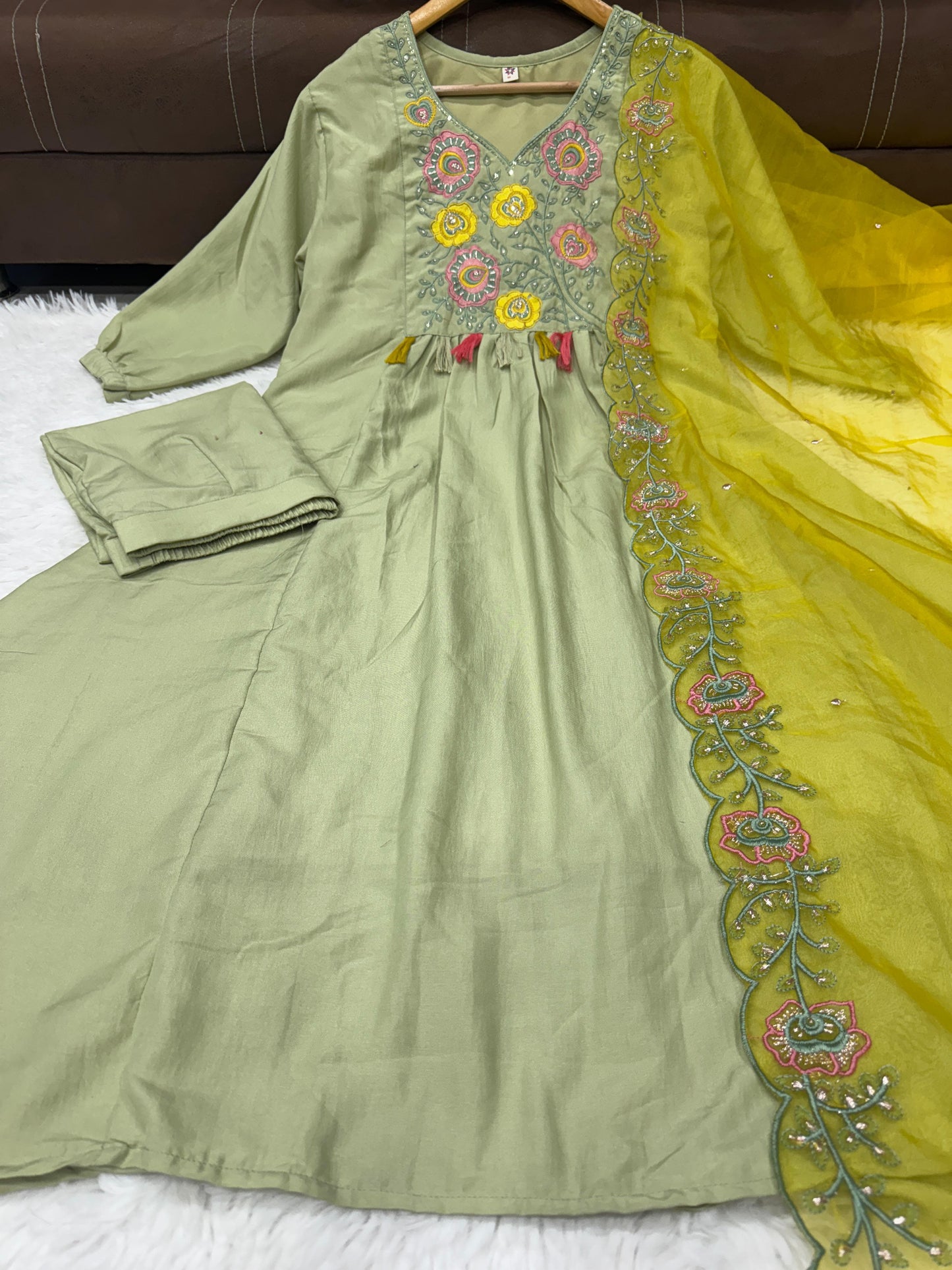 Pastel Green Embroidered Kurta Set with Yellow Dupatta