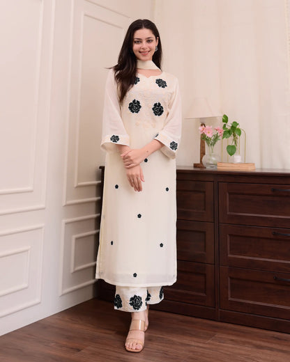 Cream Embroidered Kurta Set with Dupatta & Palazzo Pants