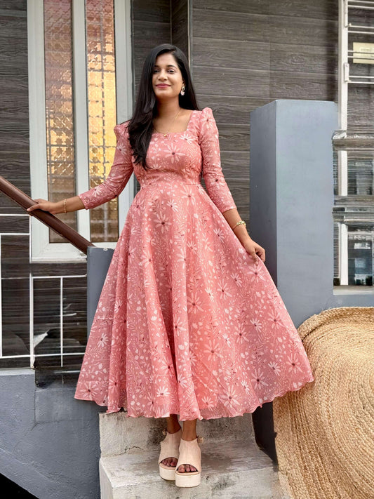 Peach Blossom Floral Anarkali Dress