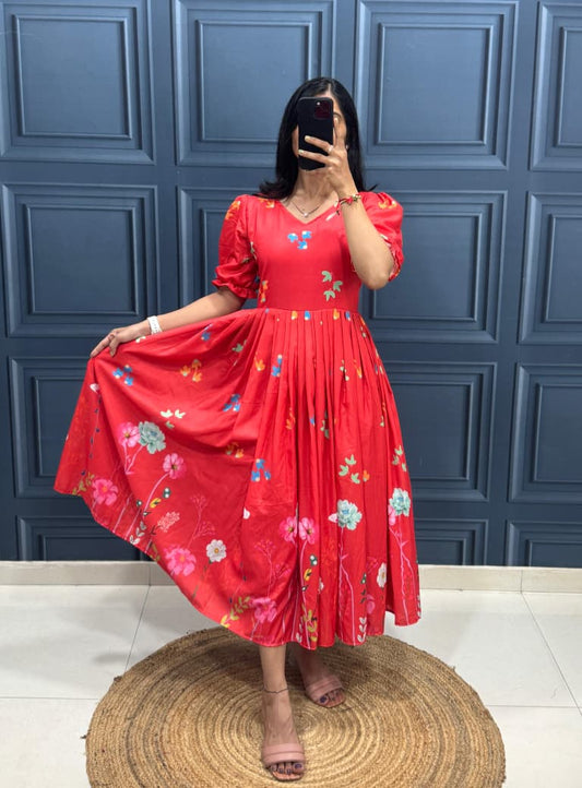 Red Floral Midi Dress