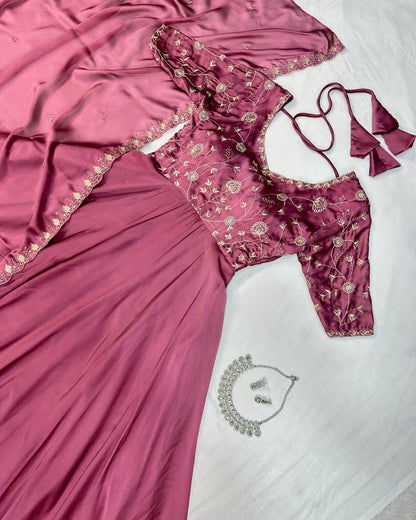 Wine Silk Embroidered Anarkali with Dupatta