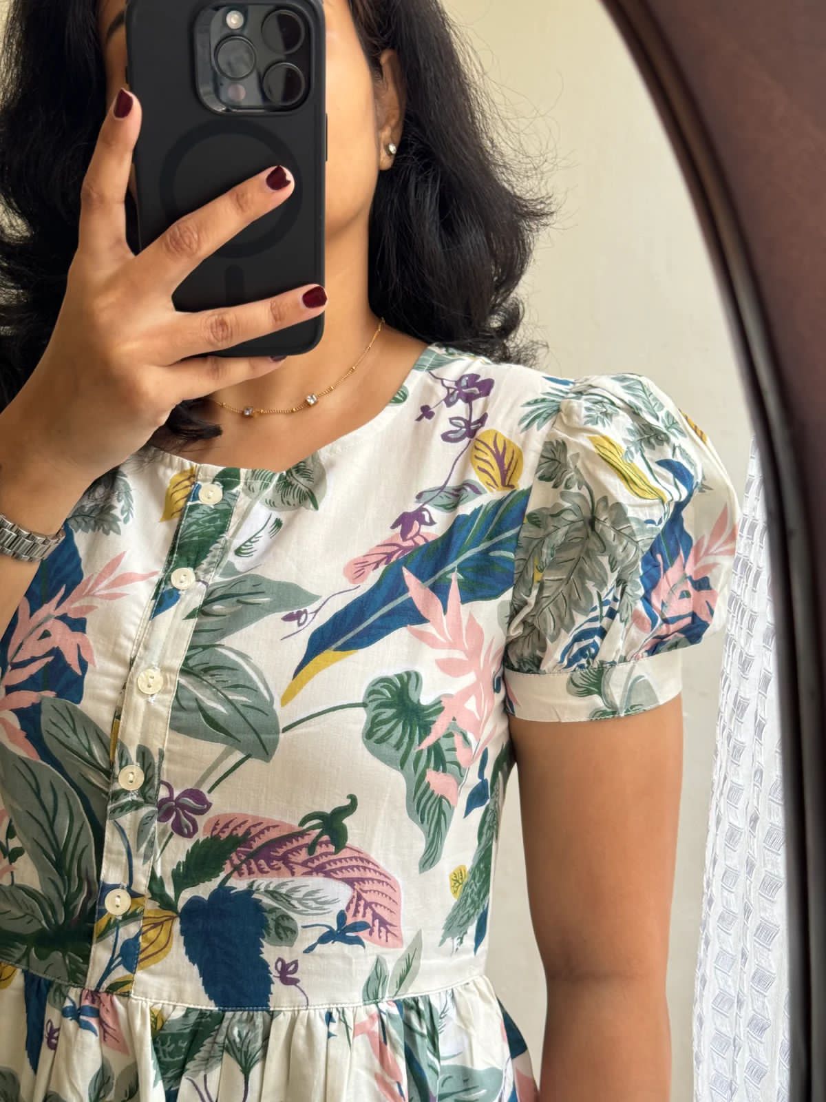 Ivory Tropical Leaf Print Puff Sleeve Maxi Dress