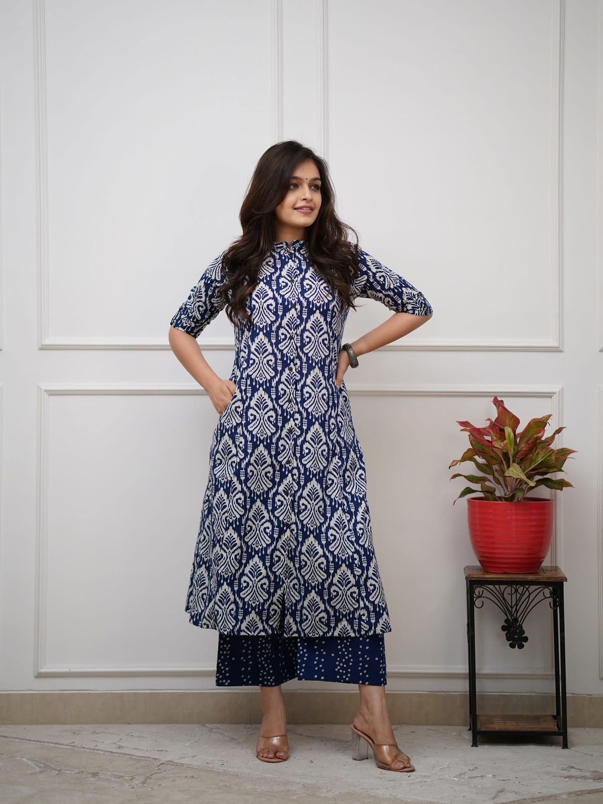Navy Blue Ikat Print Button-Down Kurta Set