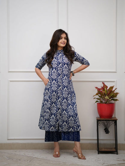 Navy Blue Ikat Print Button-Down Kurta Set
