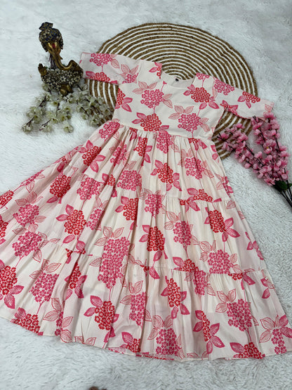 Pink Floral Printed Tiered Midi Dress