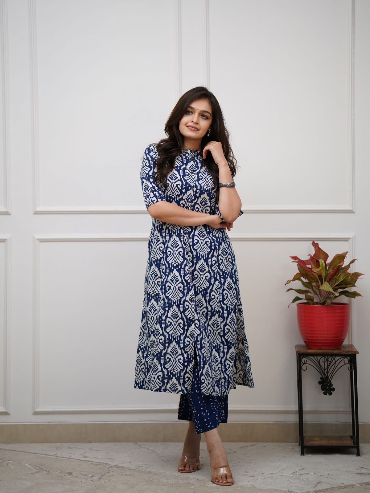 Navy Blue Ikat Print Button-Down Kurta Set